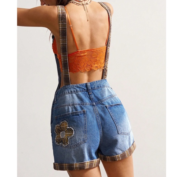 Boho Floral Patch Plaid Print Backless Denim Jean Short Overalls - Picture 7 of 8